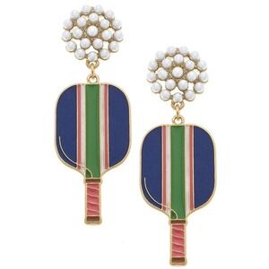 CANVAS STYLE Ellie Pearl Studded Pickleball Paddle Drop Earrings Blue NWT‎